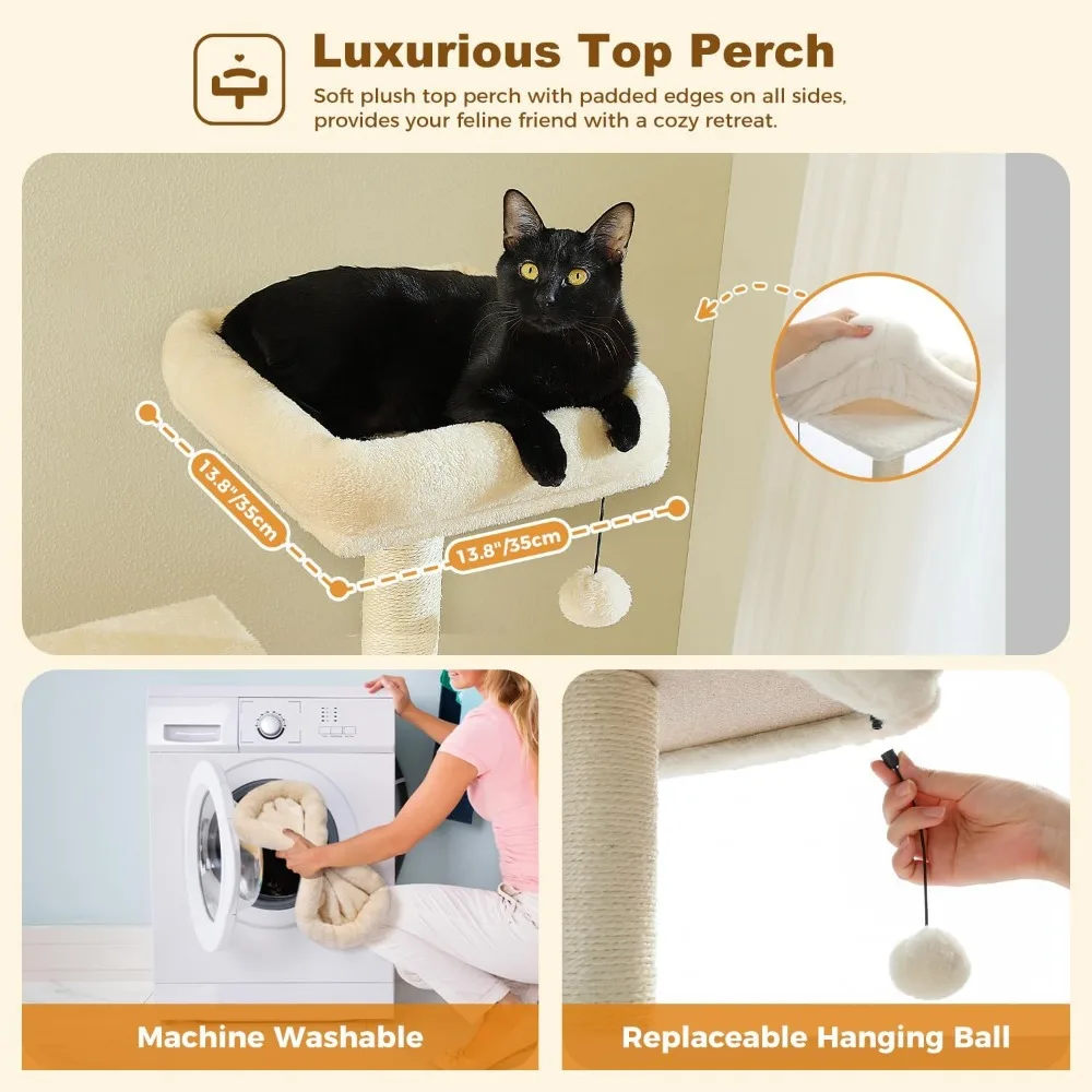PAWZ Road Cat Tree Tower 62 Inches Cat Tree with 2 Condos,2 Large Perch,4 Scratching Posts & 1 Scratching Board, and 2 Hanging B