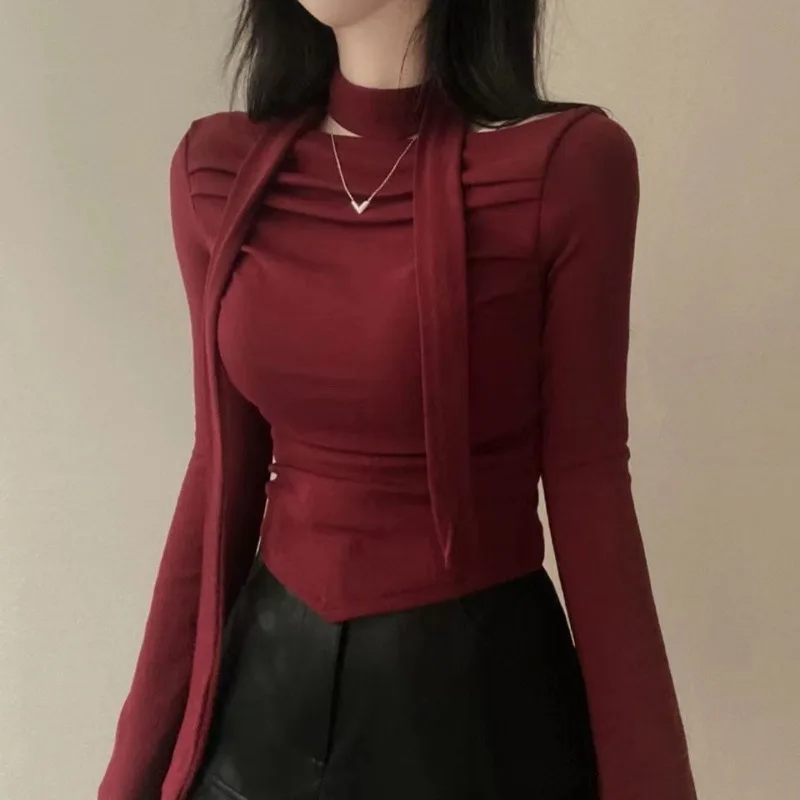 

Sexy One Shoulder Scarf Long Sleeved T-shirt Women's Short Pleated Bottom Top Ropa De Mujer Red Vintage Black Tees T-shirts