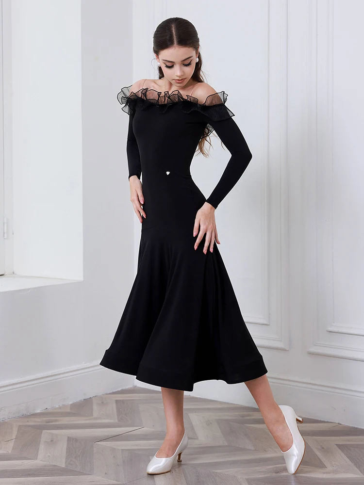 Strój do tańca standardowego 2025, walc, strój konkursowy damski, odkryte ramiona, czarna sukienka do tańca towarzyskiego, sukienki na zawody AMY2430
