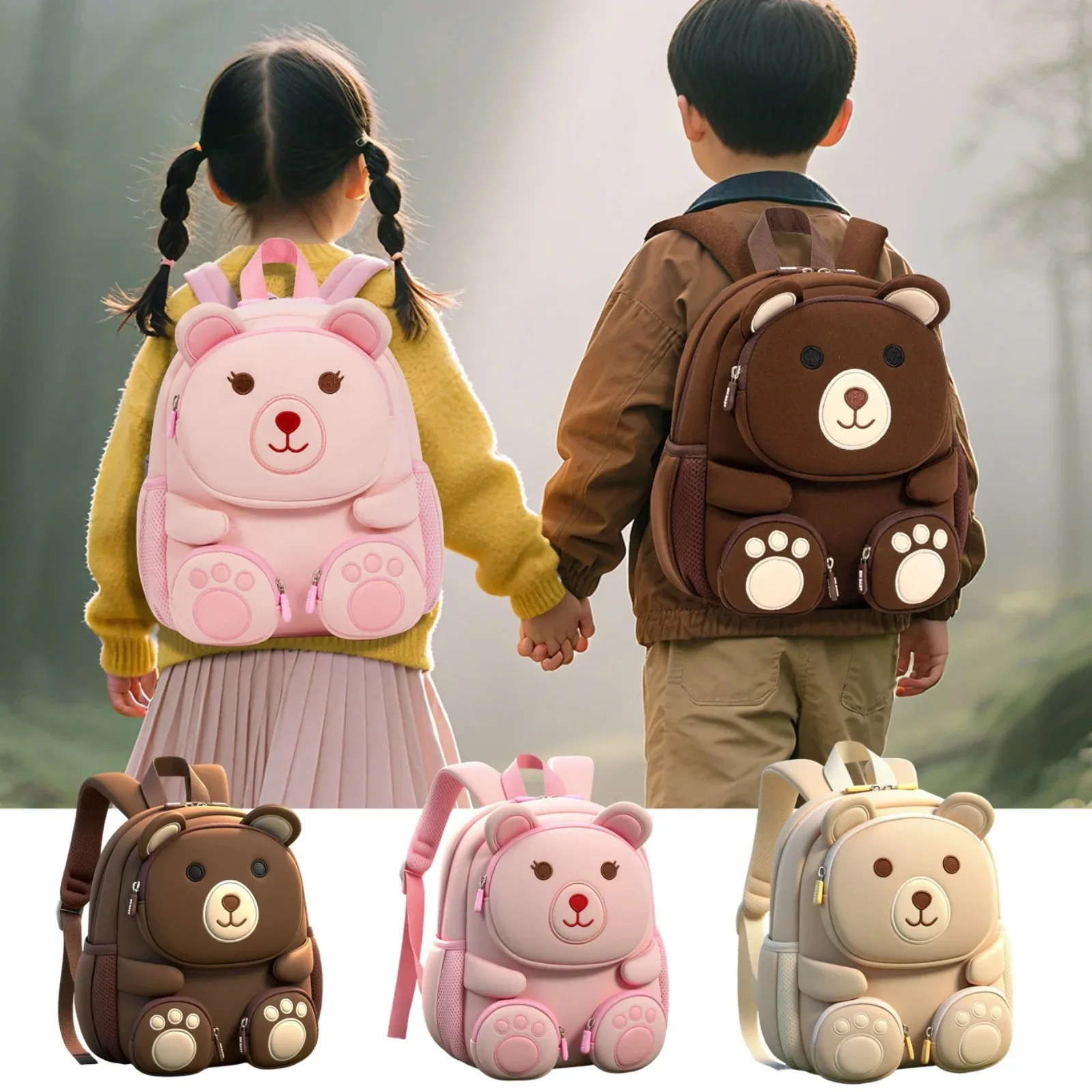 

3D Cartoon Bear Kids Double Shoulder Backpack Diving Material Waterproof Bag Kindergarten Children Outdoor Play Schoolbag