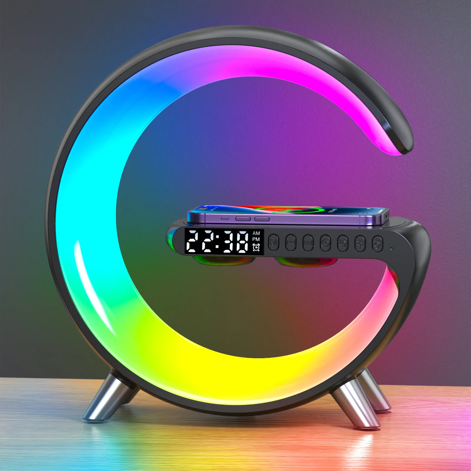 Smart LED Wake Up Night Light LED RGB Atmosphere Desk Lamp Smart Multifunctional Wireless Charger Alarm Clock Bluetooth