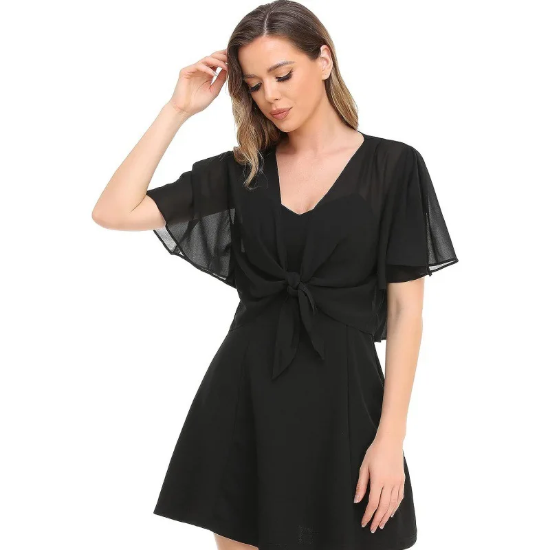 بلوزة نسائية جديدة لعام 2025 في أوروبا والولايات المتحدة بلون سادة وأكمام قصيرة سترة شيفون رفيعة مربوطة ومربوطة #6