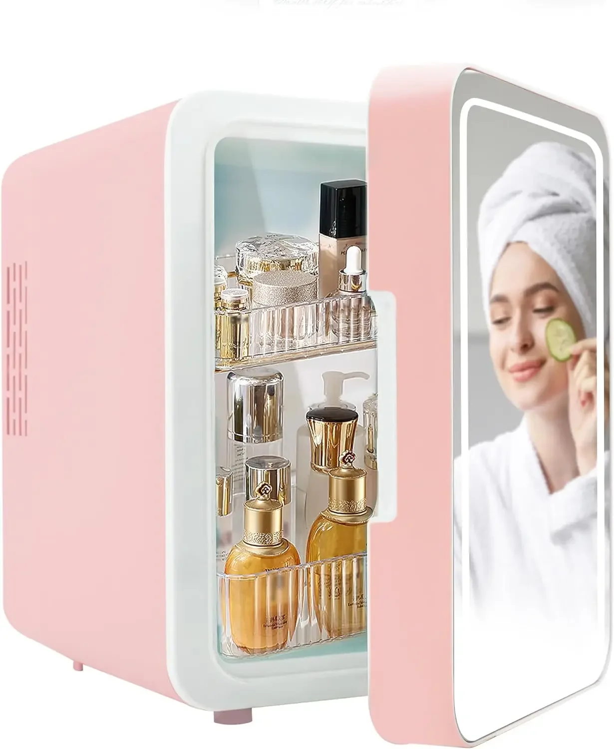 Mini refrigerador rosa para pele e maquiagem, refrigerador ou aquecedor com superfície de vidro iluminado, 4L Design compacto para quarto ou vaidade