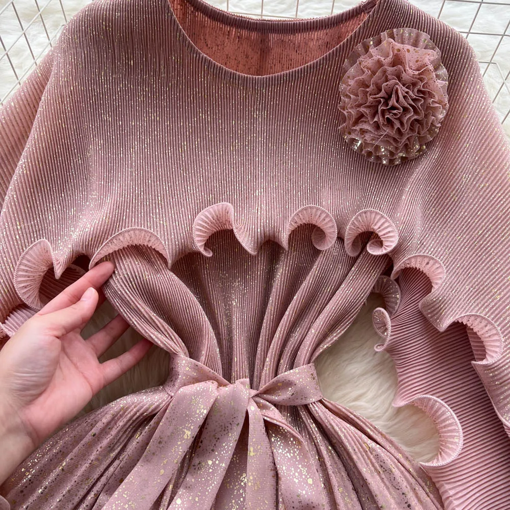 Schickes Vintage dreidimensionales Langarm-Blumenmuster koreanische Mode Herbst Winter Damen Kleidung Kleid Zweiteiliges Set