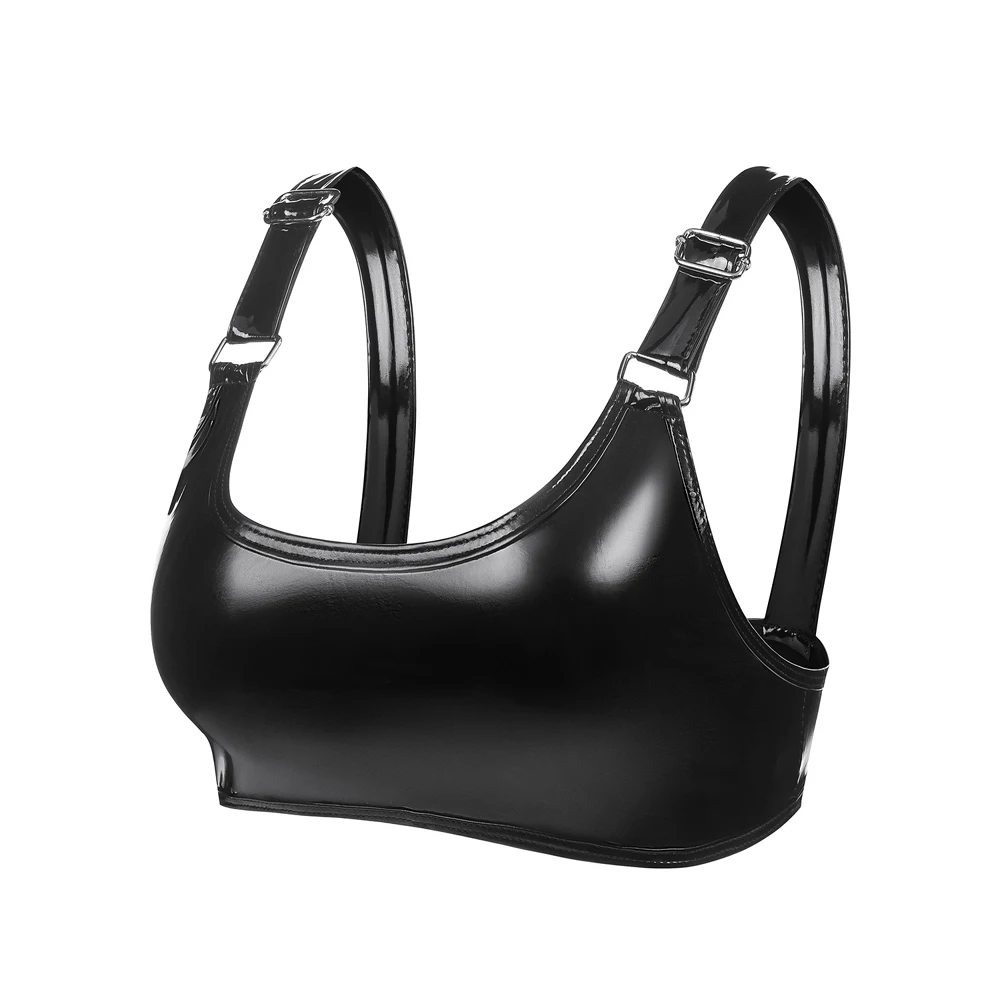 Neues Halfter-Top aus glänzendem PVC-Kunstleder, Bustier-Top, Bikini-Crop-Tops, kurzes Croptop, sexy BH, Clubwear, ärmellose Camisole – Detail 4