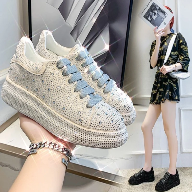 Autumn Spring Women Platform Shoes Rhinestones Thick-soled White Silver Shoes Shining Crystal Sneakers Trend Casual Sneakers