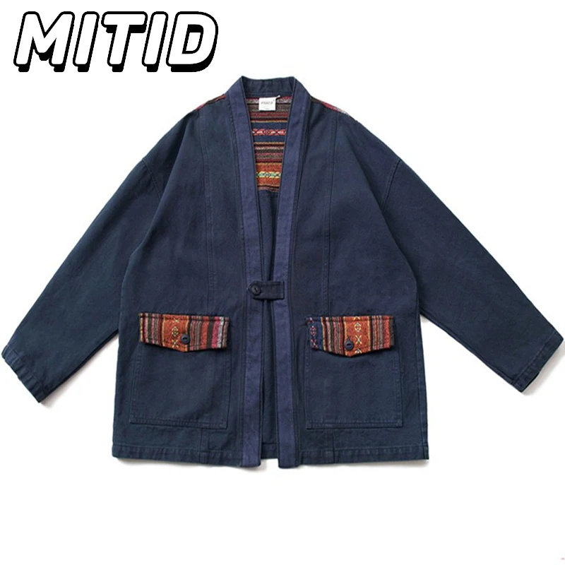 

Work Cargo Jacket Men Retro Ethnic Style Patchwork Robe Coats Male Distressed Washed Youth Casual Loose Japanese Cargo Jackets