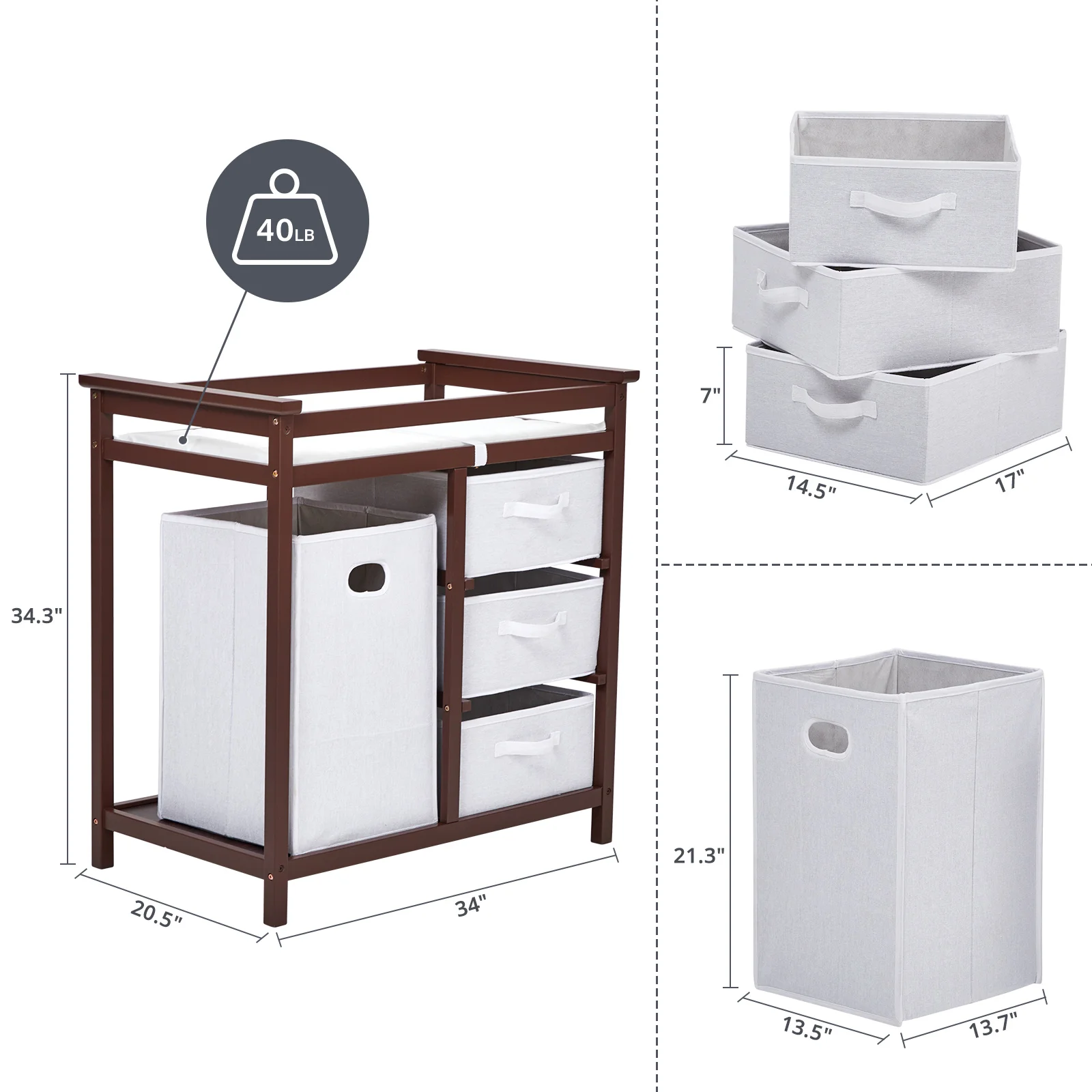 Wooden Baby Changing Table Multi-Functional Diaper Changing Station With 3 Storage Baskets Laundry Hamper & Changing Pad