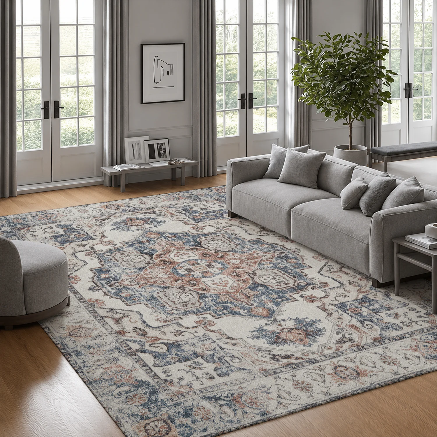 Large Indoor Area Rug, Soft Velvet Low Pile Non-slip Dotted Backing Machine Washable Distressed Vintage Medallion Rug in Cream Blue Terracotta for Living Room Bedroom Entryway Home Decor