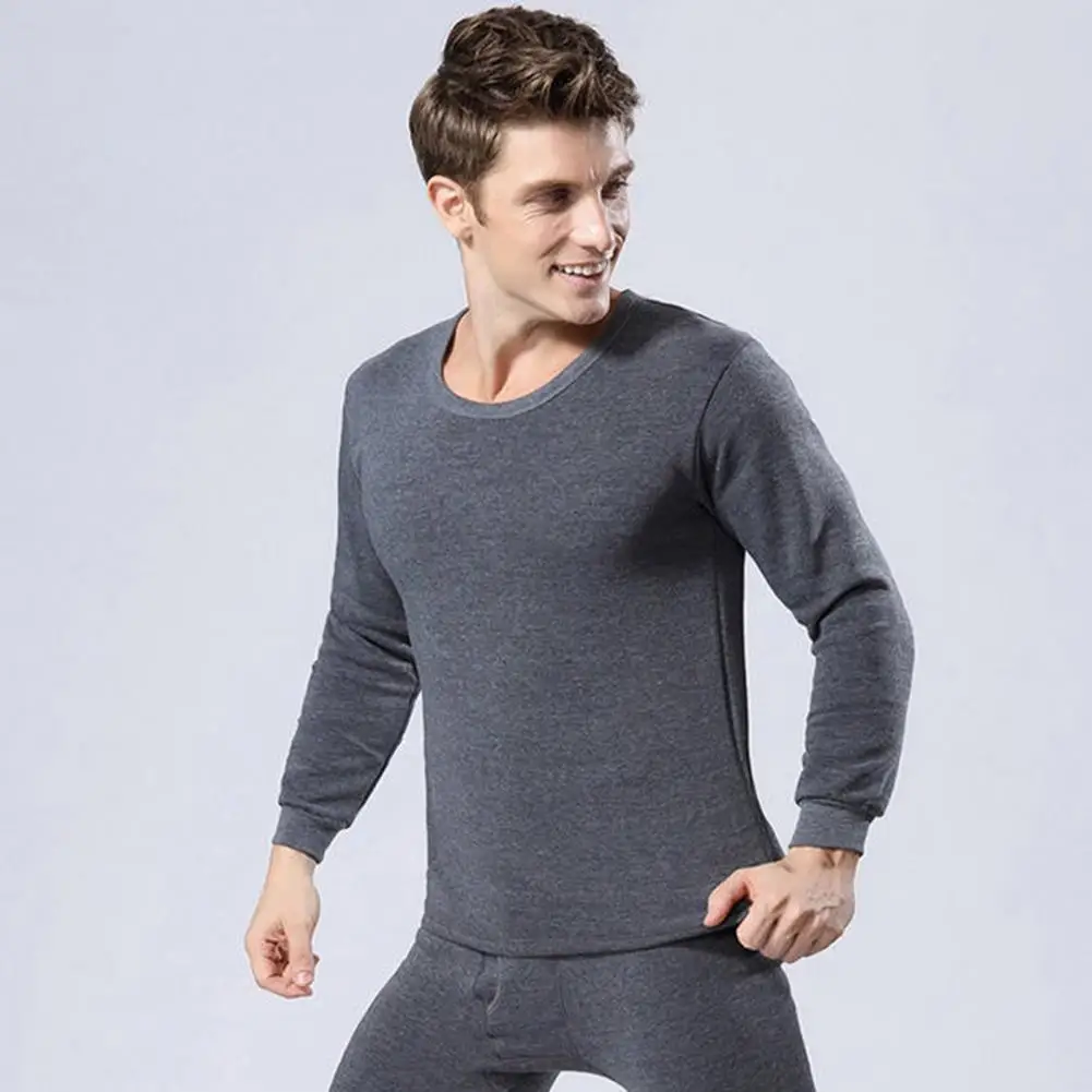 Men Stretchable Top Pants Set Men's Winter Pajamas Set with Thick Fleece Lining Long Sleeve Round Neck Top Elastic for Homewear