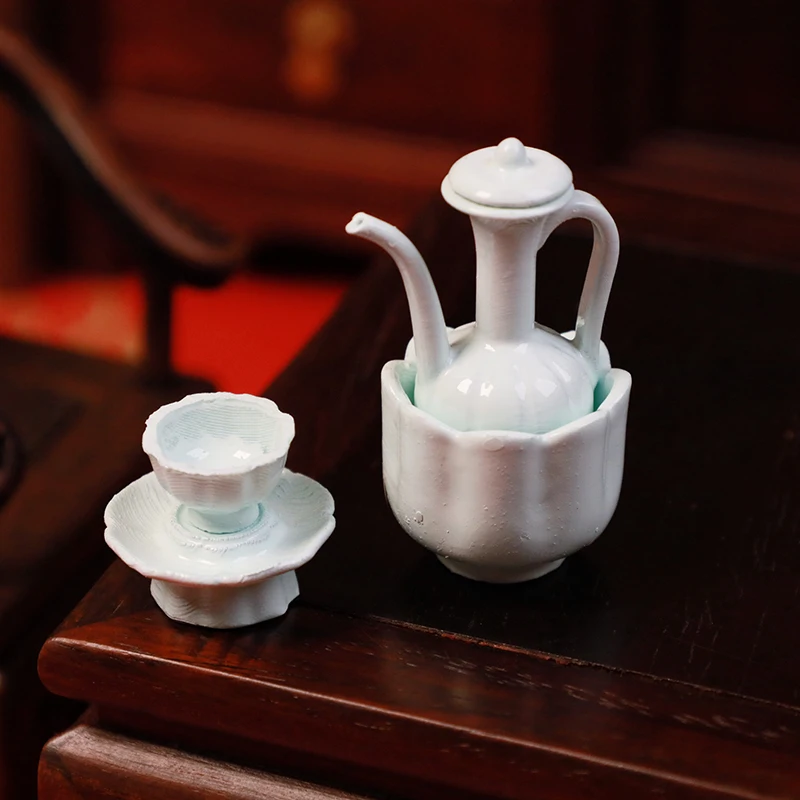 Casa de bonecas mini estilo antigo chinês imitação de canção dinastia celadon bule de mão xícara de chá modelo boneca acessórios de cozinha