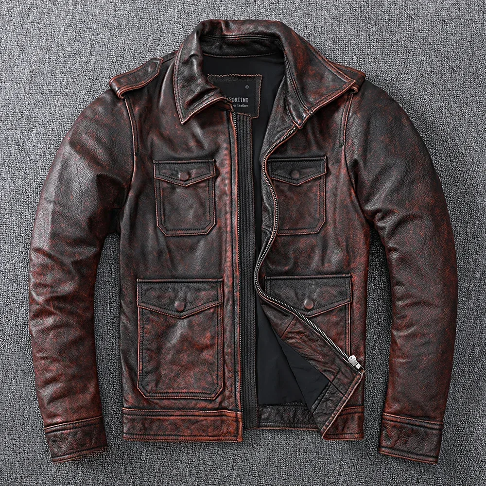 Vintage Brown Genuine Leather Jacket Men Natural Cowhide High Quality Coat Hunting Clothes Style