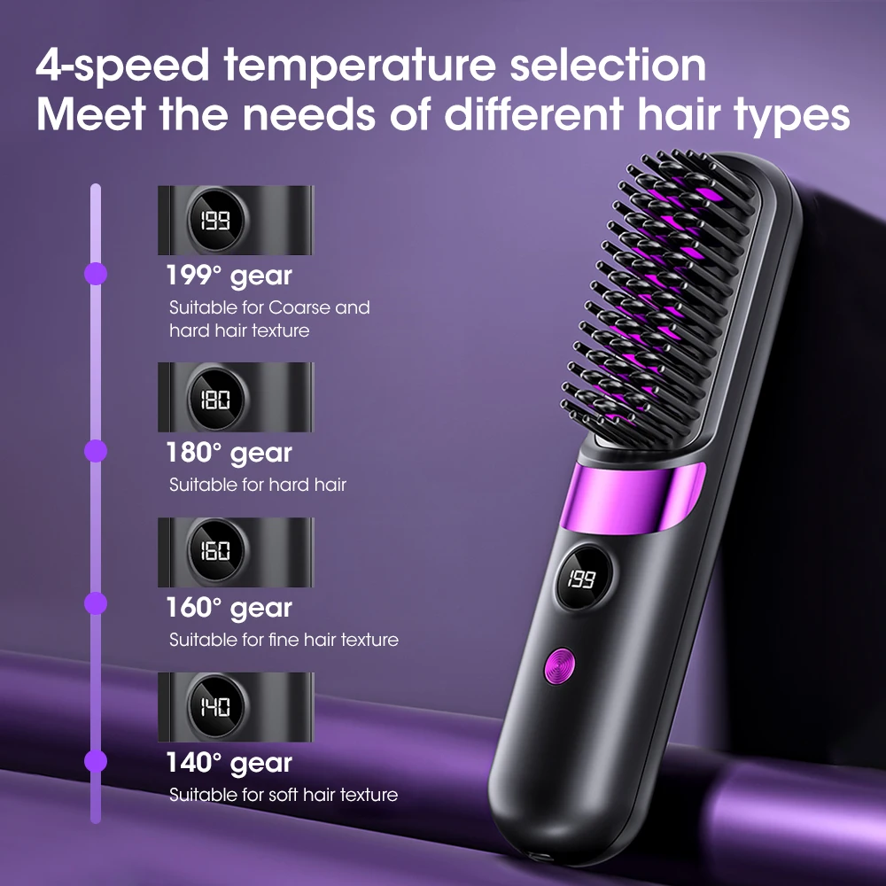 Portable Hair Straightener Brush 4 Temp Setting Cordless Straightening Comb LED Display Ceramic Coating Ionic Technology Styling view 4