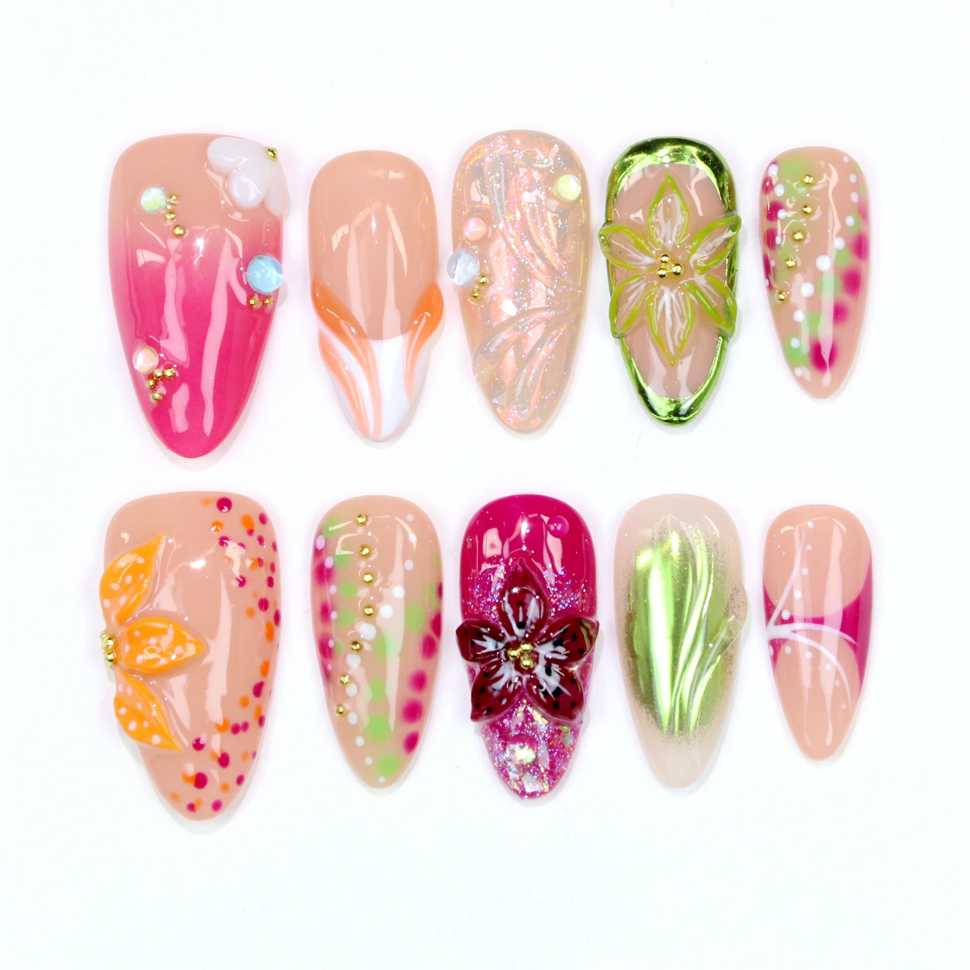 

10 шт. Y2K, ручная роспись, стильный пресс для ногтей, 3D акриловый металлический кристалл, индивидуальный дизайн, свободный стиль, миндальный пресс, праздничные ногти