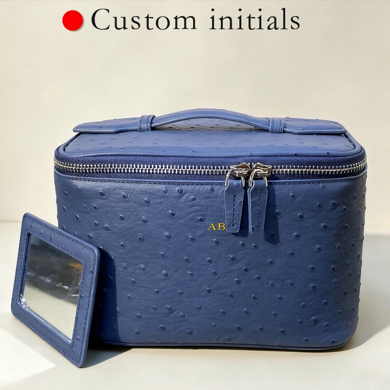 Customize Initials Cowhide Ostrich Pattern Makeup Bag For Women Luxury Designer Handbag 2026 New In With Mirror Travel Organizer
