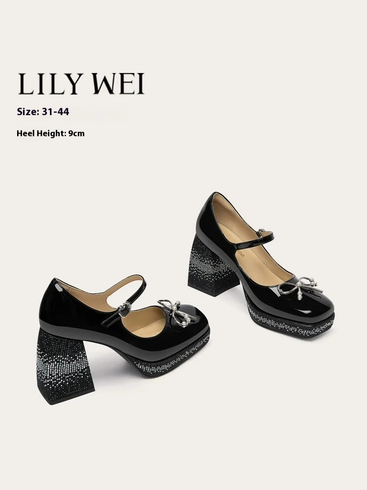 

Spring square toe patent leather pearl bow single shoes rhinestone high heel banquet large size small size Mary Jane women shoes