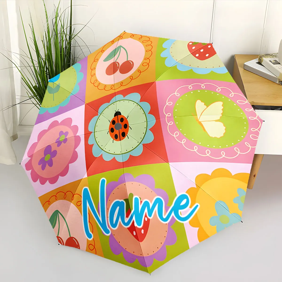 Custom Name Colorful umbrella with floral and fruit patterns Print 8 Iron Ribs Folding Umbrella, Auto-Open Fashion Sunshade