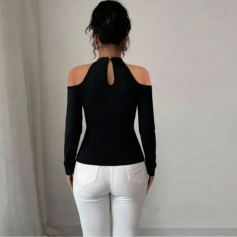 Fashion Women Blouses Sexy Cold Shoulder Skinny Top Elegant Long Sleeve Shirt Women Sexy Tops Female All Match Shirt Black