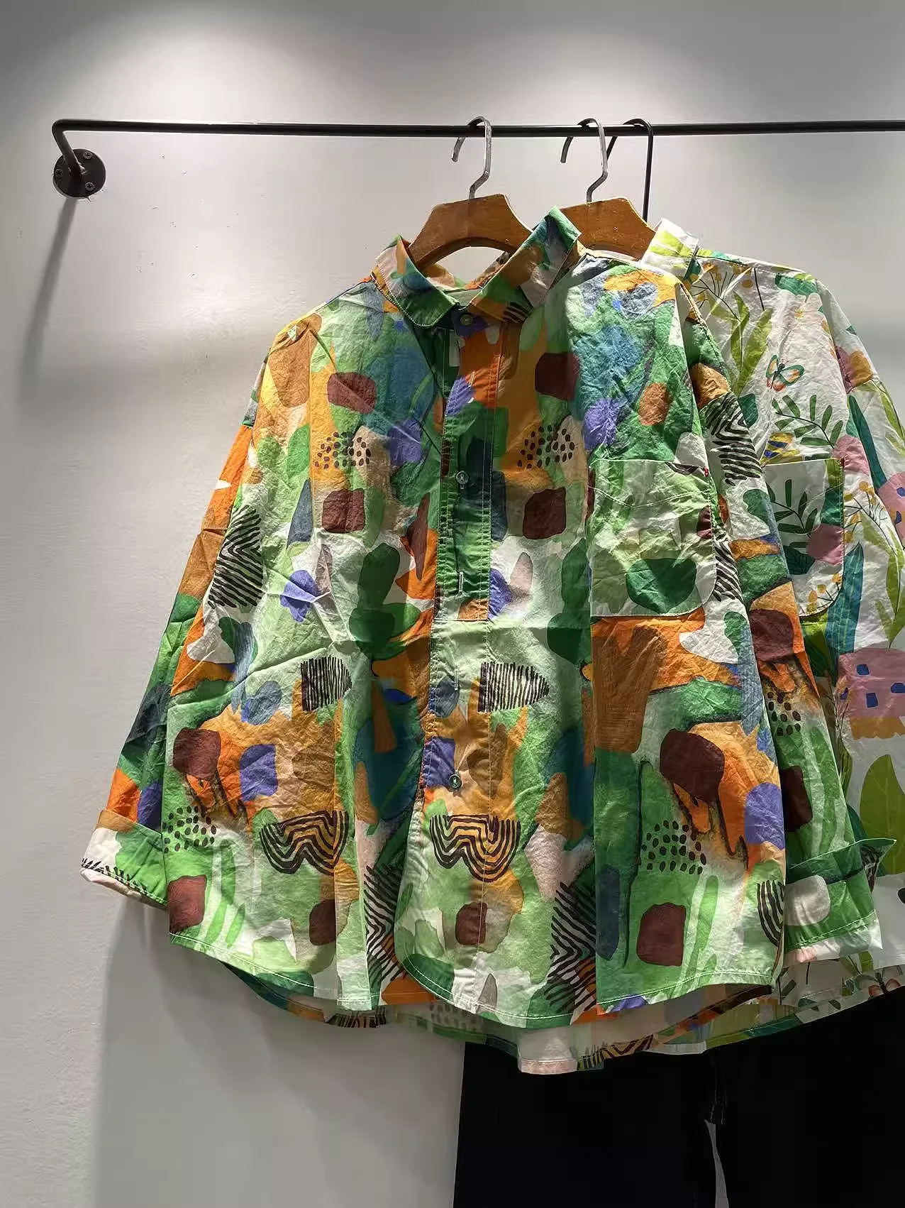 

100% Cotton women's long sleeve top original design cartoon forest print oversized shirts and blouses for women tops