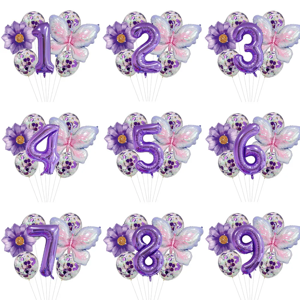 

9Pcs Butterfly Foil Balloons Set 40inch Purple Number Ball Birthday Wedding Baby Shower Party Decorations