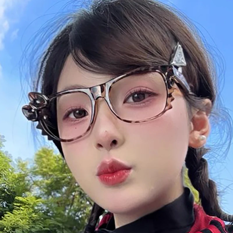 Cat Ear Leopard Bow Glasses Frame No Lenses Cosplay Vintage Kitten Halloween Party Costumes Props Decorative Y2K DIY Frames