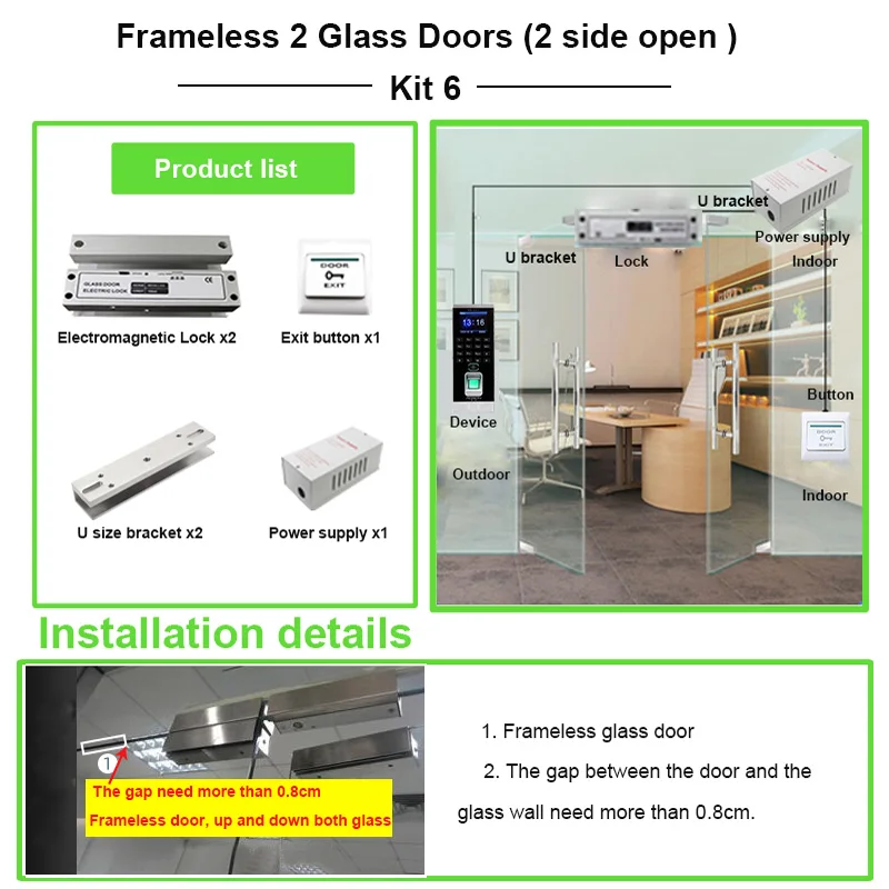 Time Delay Electric Drop Bolt Lock Access Control System Kit + Exit Button+12V5A Power Supply for Frameless Glass Door