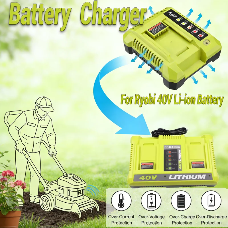 

Genuine OP401 Replacement Charger Compatible with Ryobi 40V Battery OP4050A/OP4015/OP4026/OP4030/OP4040 Fast & Safe Charging