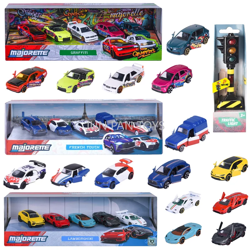 Majorette Graffiti Lamborghini French Touch Original, Coches Metálicos a Escala 1:64, 7.5 cm, Paquete de Regalo de 5 Piezas, Semáforo Coleccionable, Juguete para Niños