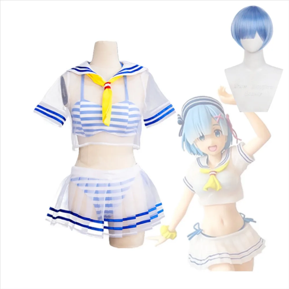 

Re: Zero Cosplay Costume Rem Sailor Suit Swimsuit Cute Bathing Suit Accessories Wig Set Comic Con Performance Outfit