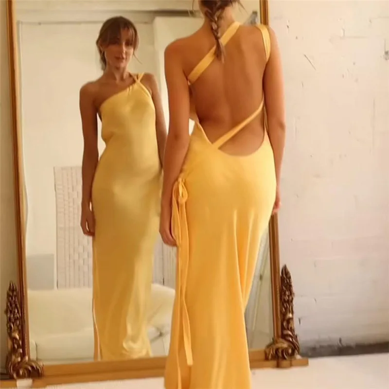 Sexy Backless Lace Up Yellow Satin Maxi Dresses Women Elegant Off Shoulder Strapless Long Dress Summer Lady Party Evening Robes