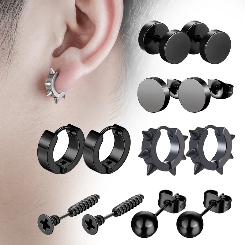 6 Pairs Black Unisex Earrings Set Stainless Steel Piercing Hoop Earrings for Men Women Gothic Street Pop Hip Hop Circle Earring