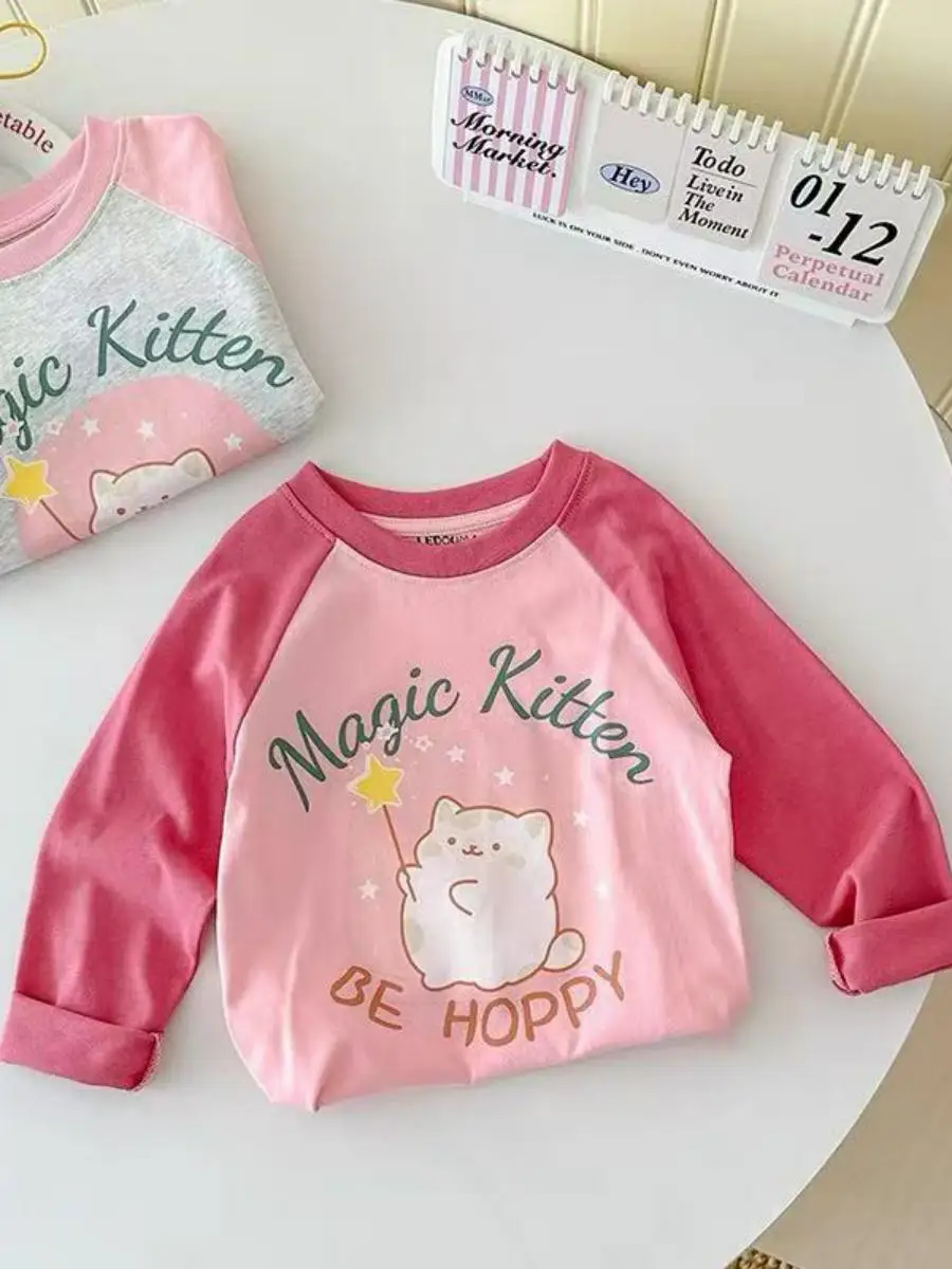 Frühling Herbst Mädchen Baumwoll-T-Shirt Langarm Rundhals Lässig Vielseitig Basisschicht Kinder Reine Baumwolle Rundhals...