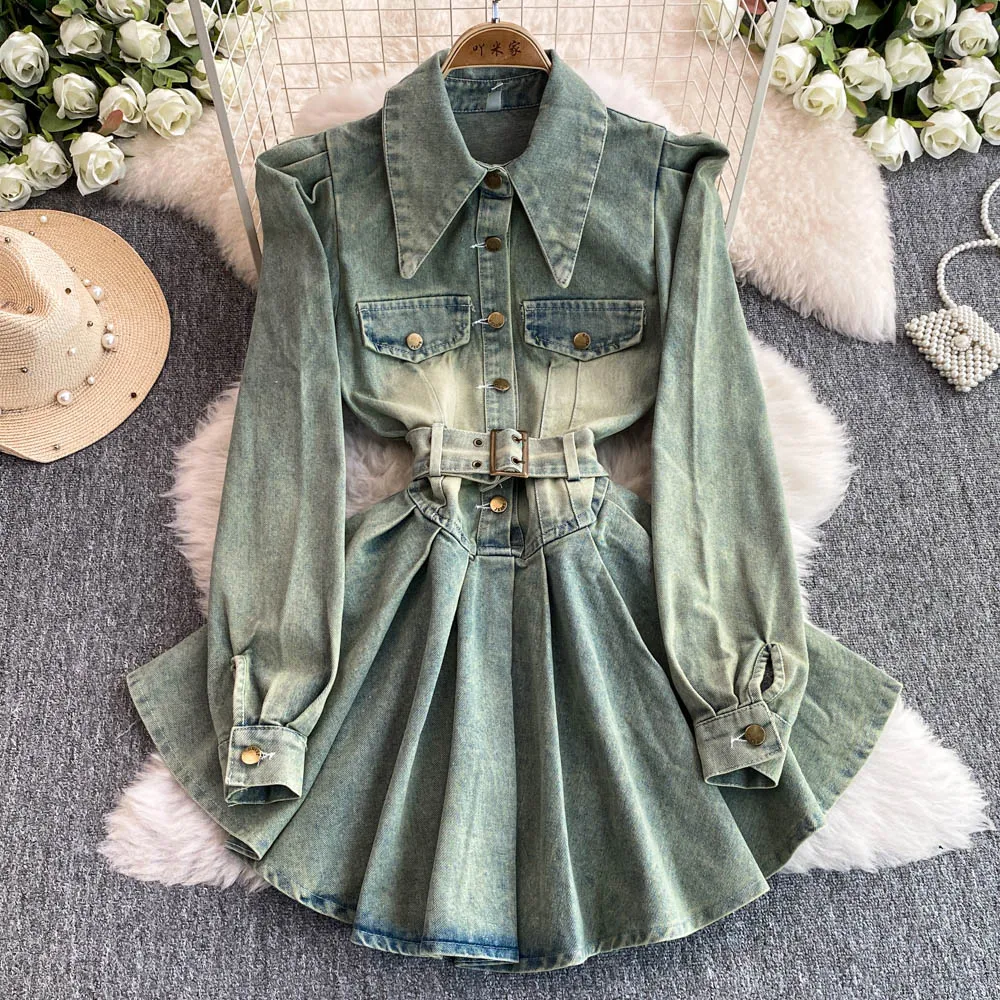 Women Denim Dress Single-breasted Lace-up Waist Slim Mid-length Jeans A-Line Dresses