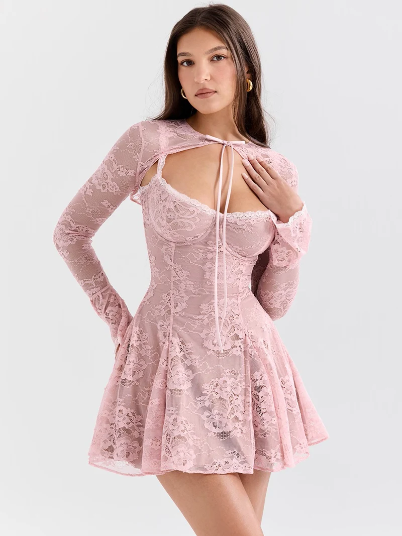 DGLUKE Sexy Pink Lace Mini Dress Women Spaghetti Strap A-line Dress With Bolero Chic Short Cocktail Birthday Dress Women