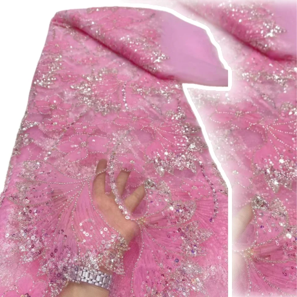 

Африканская розовая кружевная ткань 2025, высококачественная кружевная нигерийская вышивка, кружевная ткань с бисером для шитья свадебных платьев SZ1711