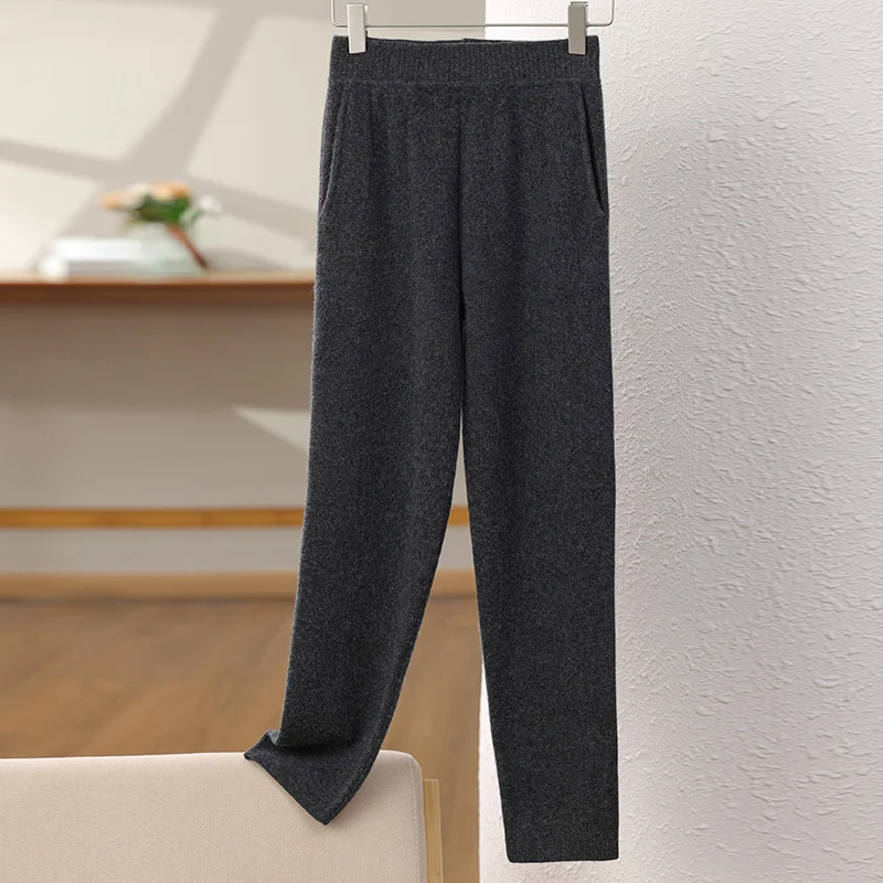 Solid color straight elastic 100% Merino wool pants New fall/winter cashmere warehouse women's warm bottom knit pants