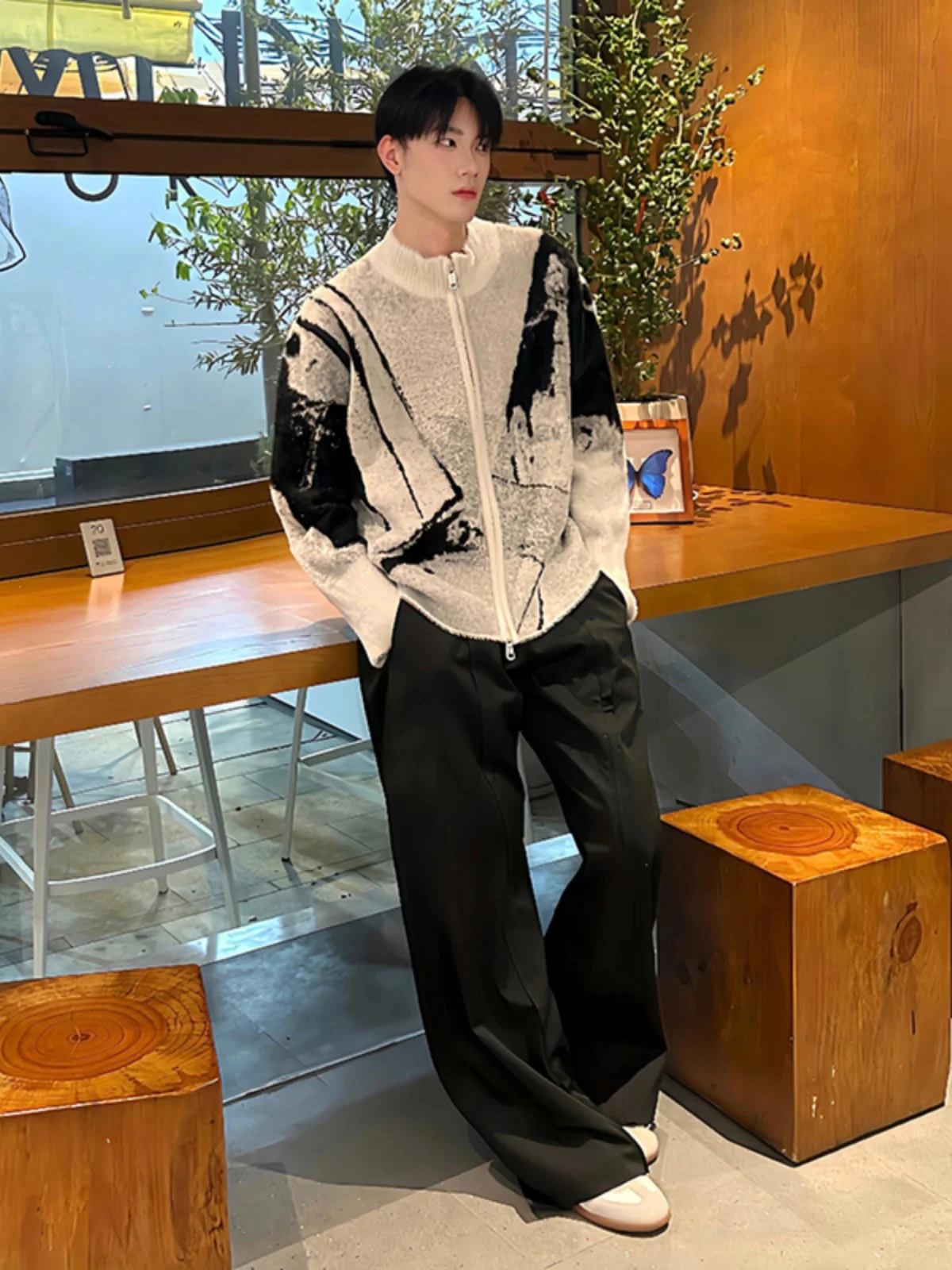 

Мужской вязаный кардиган-куртка с серым градиентом, весна-осень, повседневный стиль, воротник-бомбер, длинный рукав, модный бренд