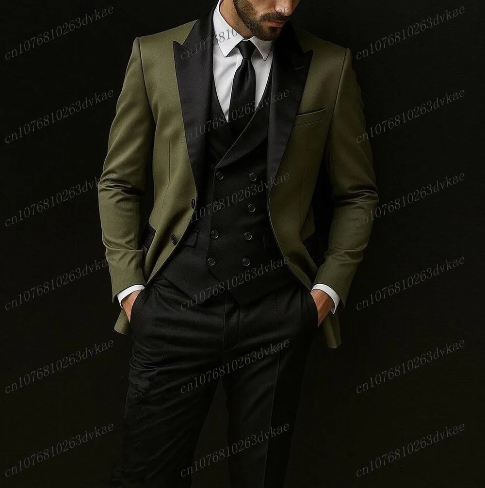 

Новый армейский зеленый и черный мужской костюм для свадебной вечеринки, формальный жених, жених, выпускного вечера, деловой мужской смокинг, комплект из 3 предметов, куртка, жилет, брюки