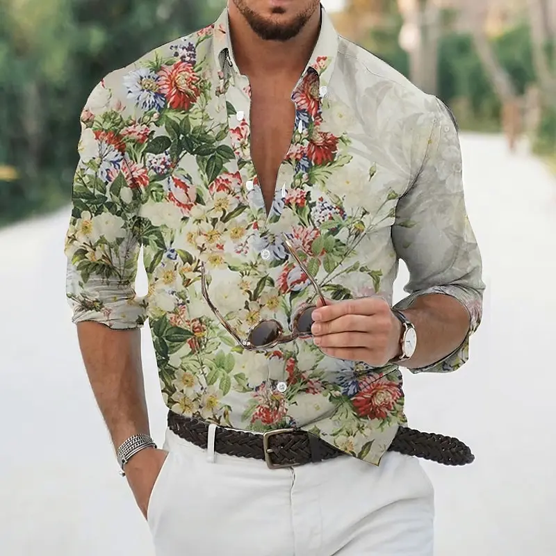 Camisa com estampa floral em folhas 3D havaiana masculina, camisa de manga comprida, lapela de botão, roupa confortável, tops casuais, nova, primavera e outono