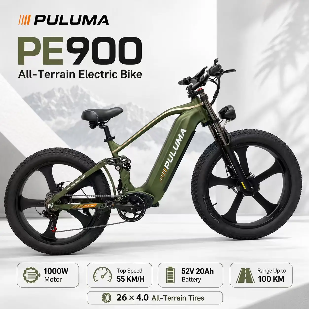 Bicicletta elettrica per adulti PULUMA E900, velocità massima 55 km/h, autonomia fino a 100 km, motore centrale ad alta coppia da 1000 W, batteria al litio ad alta capacità 52 V 20 Ah, pneumatici