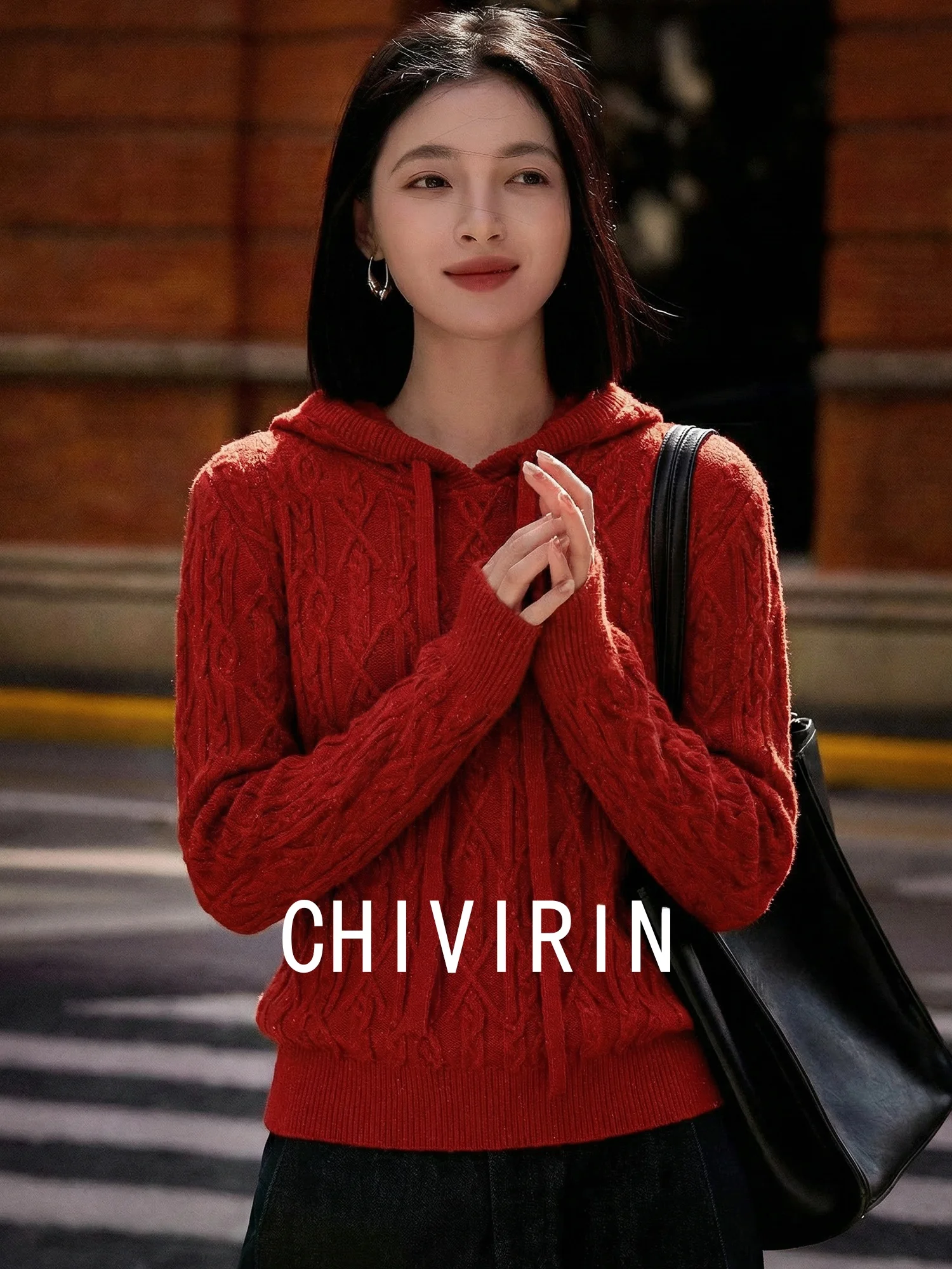 

Chivirin Women's Woolen Hoodie Dstring New Year's Faionable Versatile Knitted Sweater Spring 2026 Seasonal Regular Fit