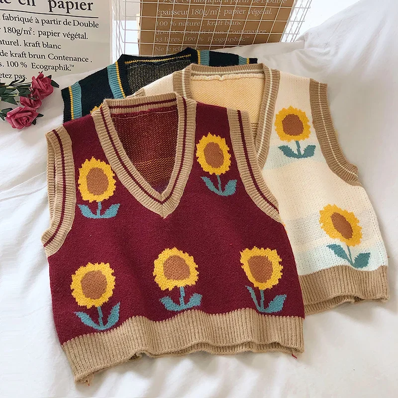 

Autumn and Winter Sweet Small Fresh Sunflower Jacquard V-neck Color Matching Sleeveless Knitted Vest Casual Student Outside