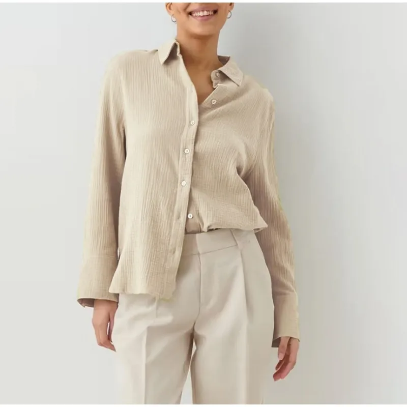 قميص Zoubu بطبقة مزدوجة 2026 قميص ربيعي كسول فضفاض غير رسمي من القطن الخالص بأكمام طويلة متوسط وطويل