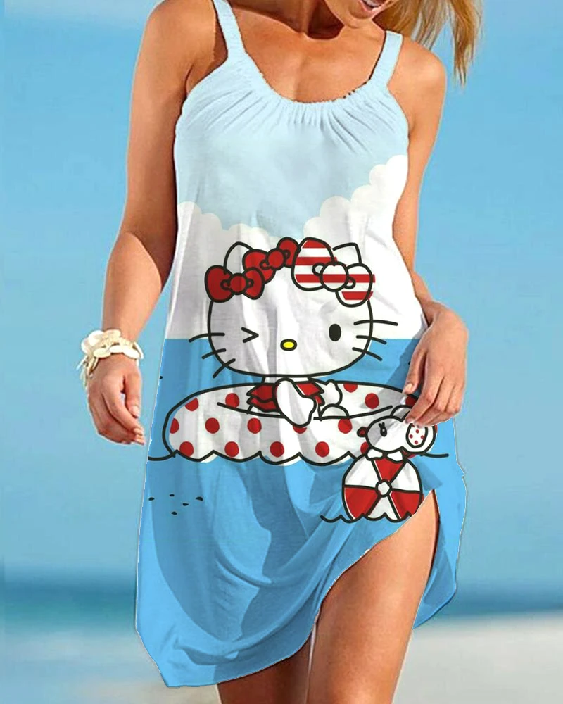 

Women's Summer Sunshine Dress Hello Kitty Traf Elegant Luxury Evening Dress 2024 Summer New Vacation Beach Dress Midi