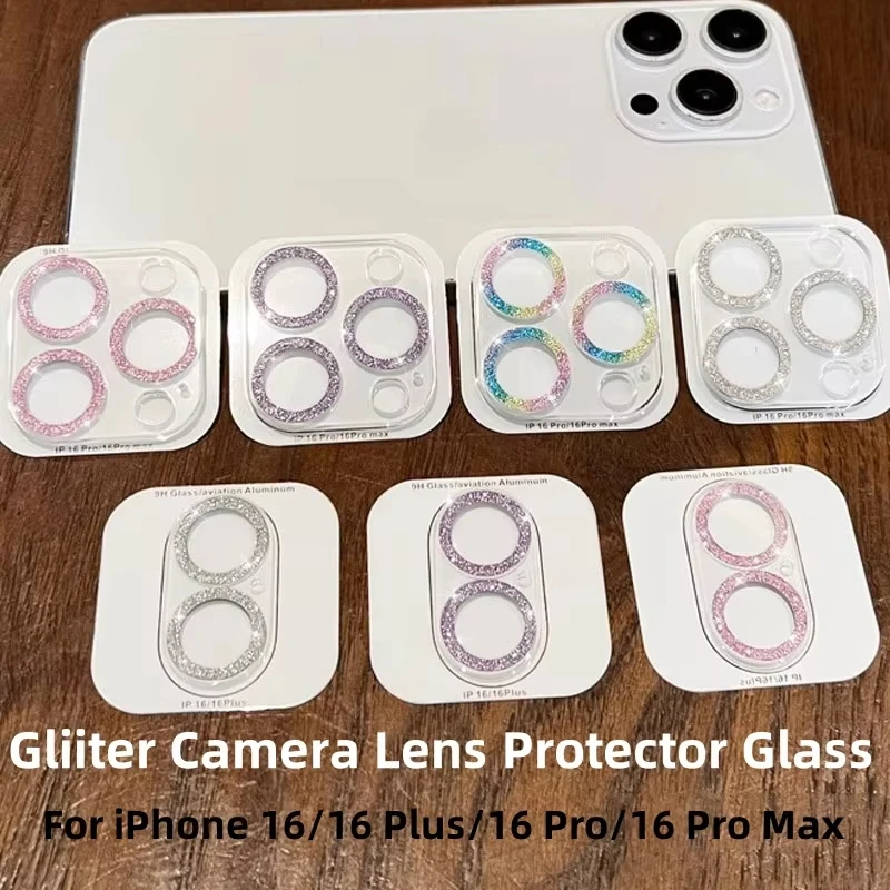 Protezione per obiettivo fotocamera in vetro temperato trasparente con glitter Bling per iPhone 16 15 14 11 13 Pro Max 15 Plus 12 Copriobiettivo protettivo