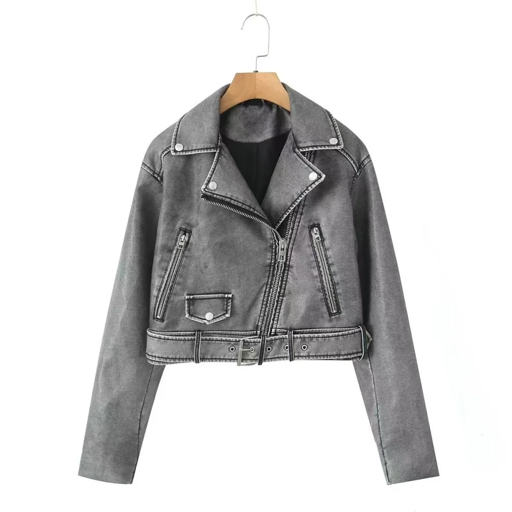 2024 autumn and winter new fashionable women's clothing retro vintage vintage vintage motorcycle style leather jacket short jack