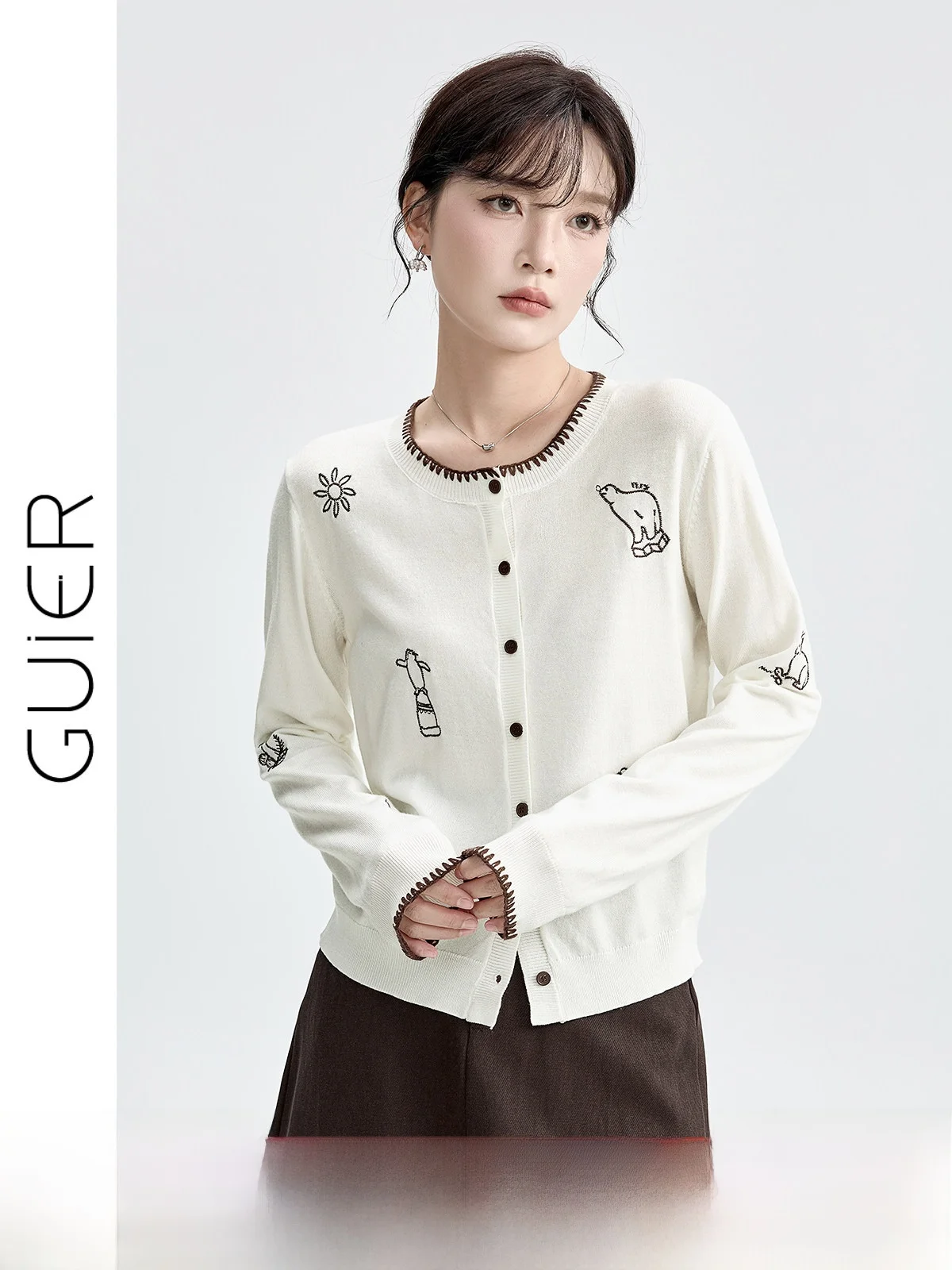 

Guier Embroidered Knitted Open Cardigan Women's Faion Casual Sle round Ne oulder Design Sensation Top for Autumn Season