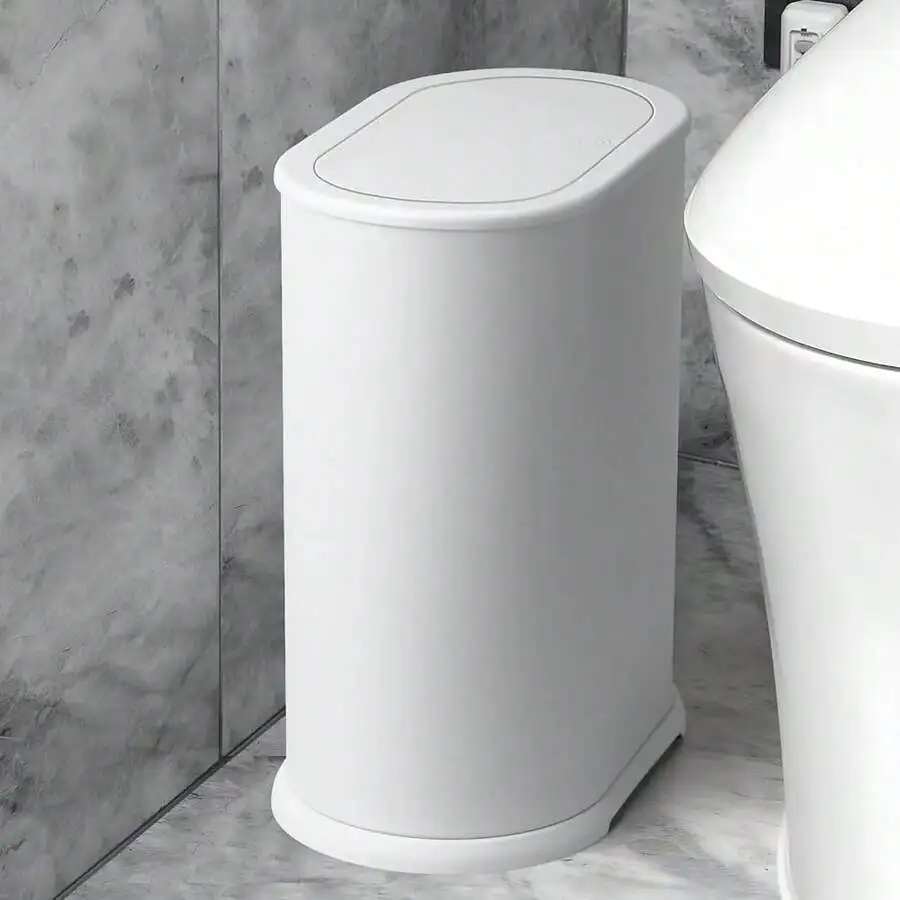 

White Slim Bathroom Trash Can With Pressing Lid 1.8 Gallon Waterproof Wastebasket For Toilet Office