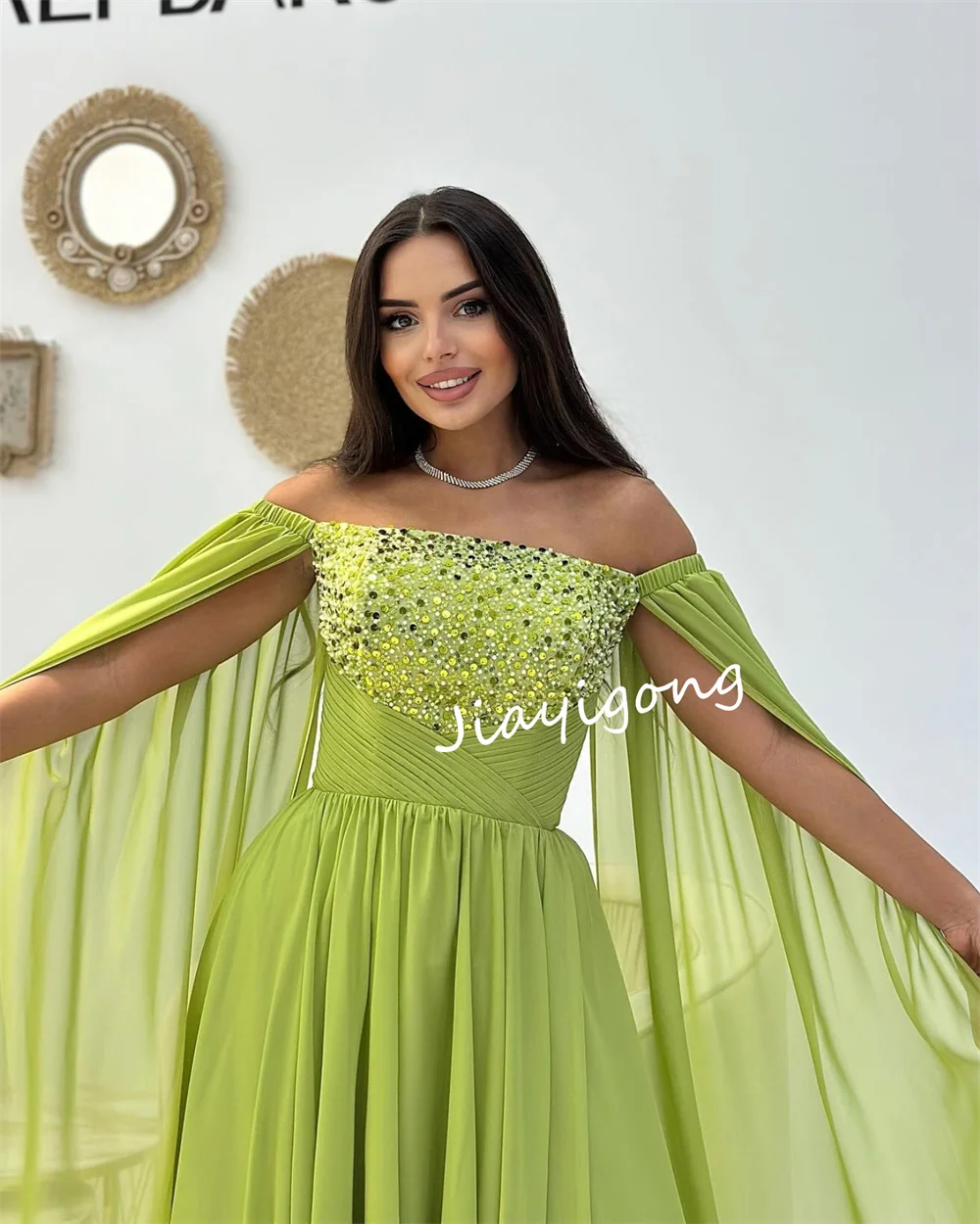 Customized Exquisite Chiffon Pleat Sequined A-line Off-the-shoulder Long Dresses Bespoke Occasion Dresses Fashion