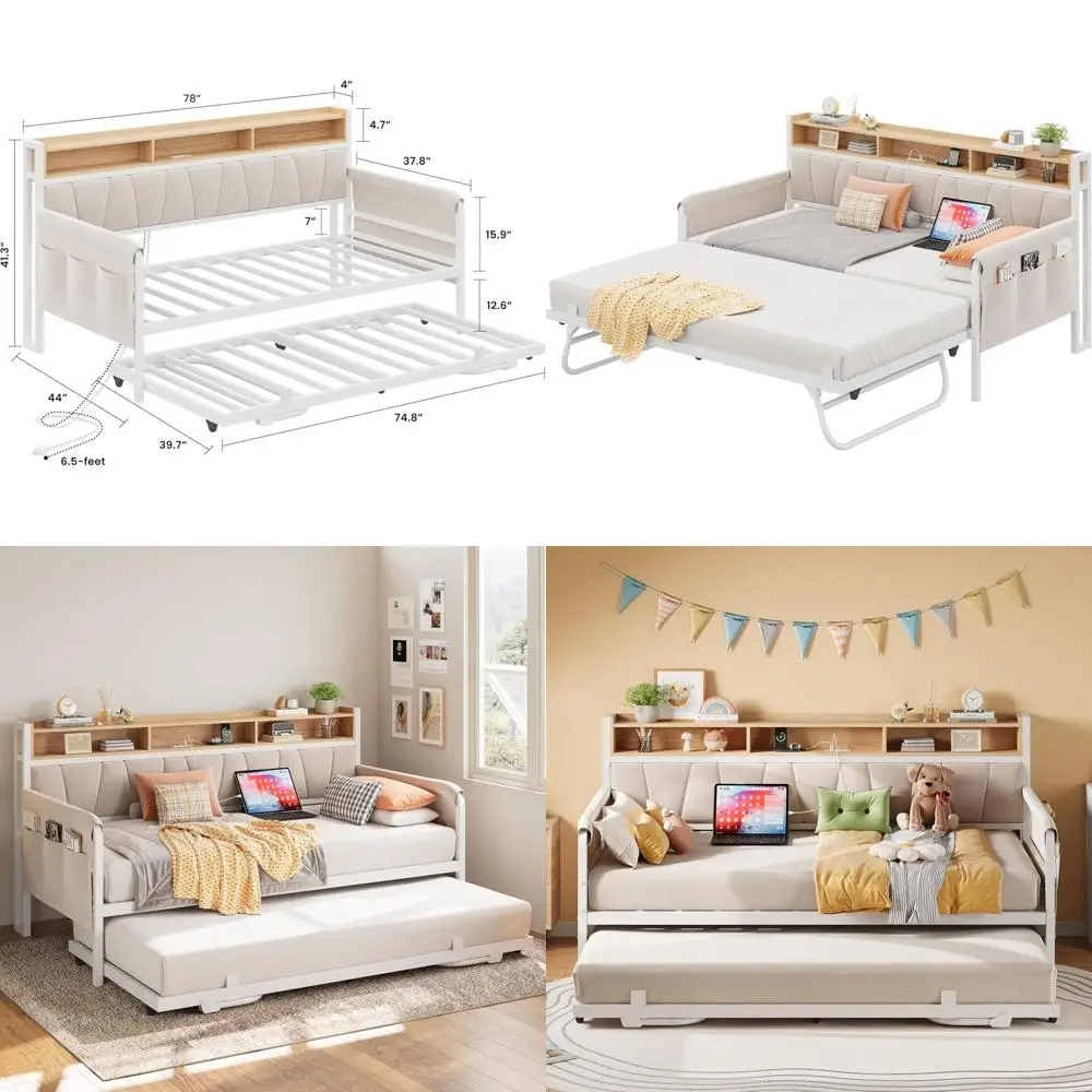 White Twin Daybed with Trundle, Upholstered Storage, and Charging Station for Living Spaces